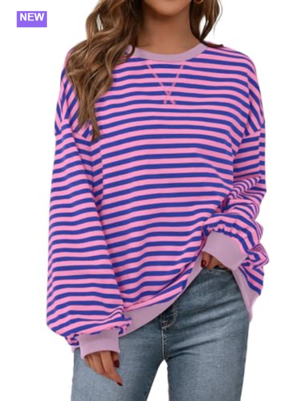 Oversized Striped Sweatshirt Lightweight Cotton Blend Crewneck Pullover